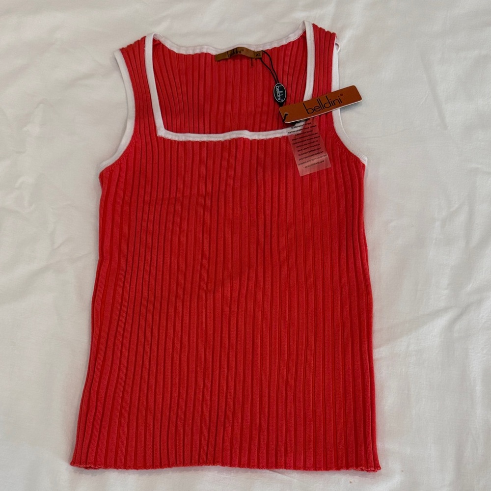 Bellini Scarlet Ribbed Tank Top with White Trim